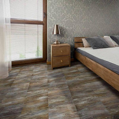 Perfection Floor Tile Natural Creek Stone Luxury Vinyl Tiles - 5mm Thick (20" x 20") with Petrified Wood Stone Pattern Being Used in a Bedroom