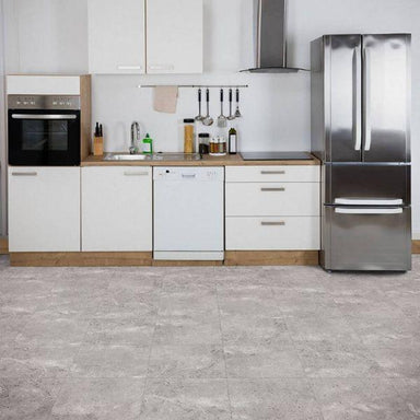 Perfection Floor Tile Tivoli Stone Luxury Vinyl Tiles - 5mm Thick (20" x 20") with Silver Tivoli Pattern Being Used in a Kitchen