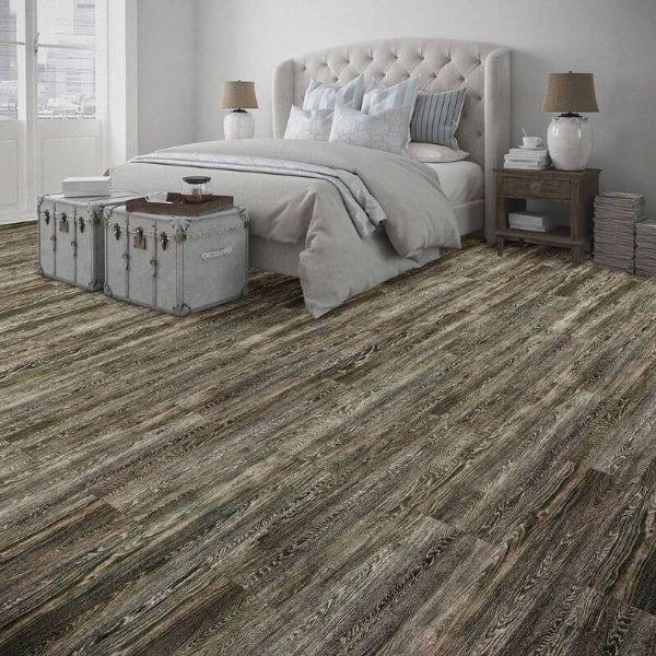 Perfection Floor Tile Vintage Wood Luxury Vinyl Tiles - 5mm Thick (20" x 20") with Mossy Oak Wood Pattern Being Used in a Bedroom