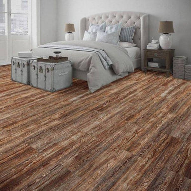 Perfection Floor Tile Vintage Wood Luxury Vinyl Tiles - 5mm Thick (20" x 20") with Rusty Oak Wood Pattern Being Used in a Bedroom