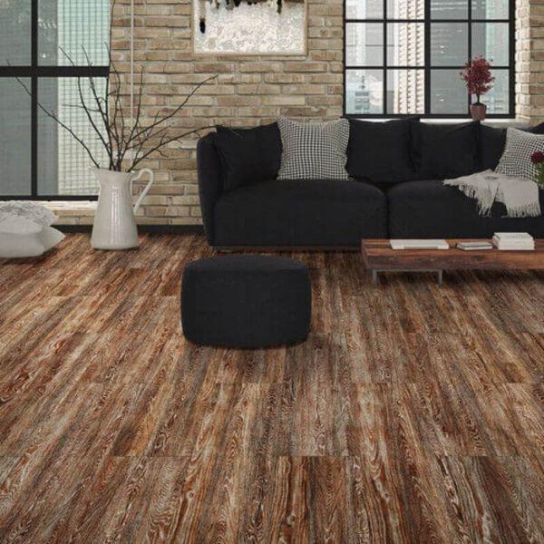 Perfection Floor Tile Vintage Wood Luxury Vinyl Tiles - 5mm Thick (20" x 20") with Rusty Oak Wood Pattern Being Used in a Living Room