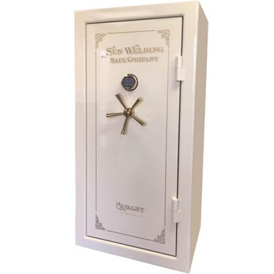 Sun Welding C34 Cavalry Gun Safe in Gloss Ivory with Doors Closed, Viewed from the Front with 5-Spoke Handles