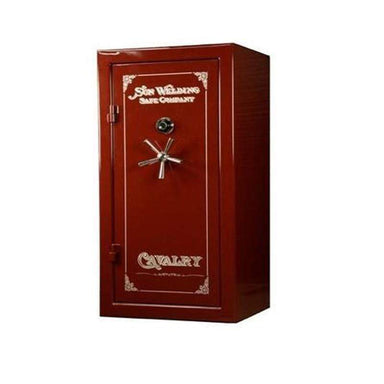 Sun Welding C36 Cavalry Gun Safe in Gloss Burgundy with Doors Closed, Viewed from the Front with 5-Spoke Handles