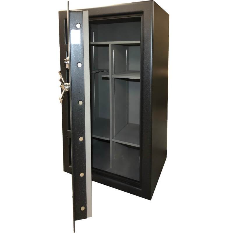 Sun Welding C36 Cavalry Gun Safe in Gloss Granite with Doors Opened, Showing Shelving Interior