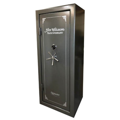 Sun Welding C36T Cavalry Gun Safe in Matte Gray with Doors Closed, Viewed from the Front with 5-Spoke Handles
