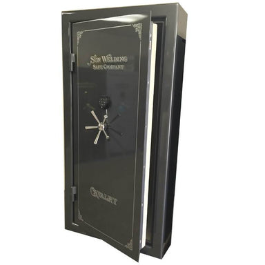 Sun Welding C36T Cavalry Gun Safe in Gloss Black with Doors Partially Opened, Viewed from the Front with 5-Spoke Handles