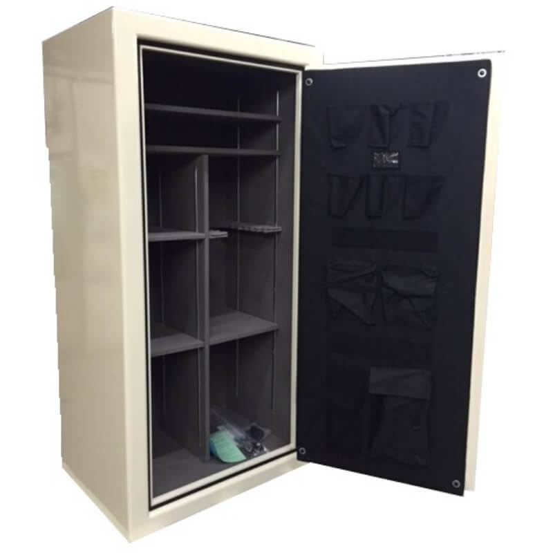 Sun Welding C36T Cavalry Gun Safe in Gloss Champagne with Doors Fully Opened, Showing Shelving Interior