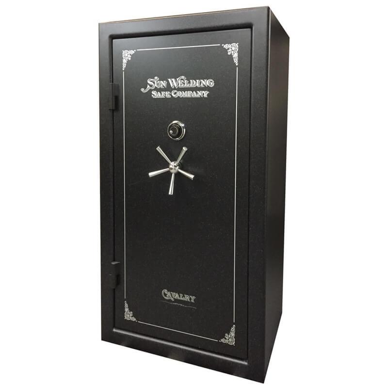 Sun Welding C4028T Cavalry Gun Safe in Matte Gray with Doors Closed, Viewed from the Front with 5-Spoke Handles