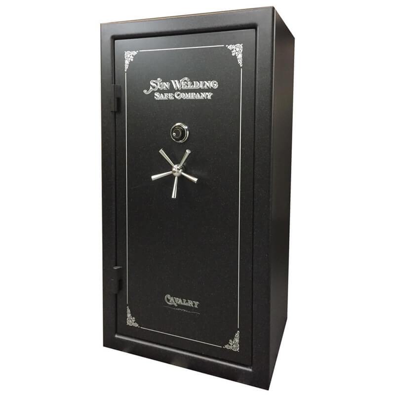 Sun Welding C64 Cavalry Gun Safe in Matte Gray with Doors Closed, Viewed from the Front with 5-Spoke Handles