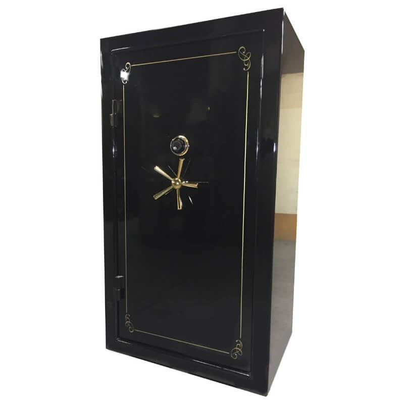 Sun Welding C64 Cavalry Gun Safe in Gloss Black with Doors Closed, Viewed from the Front with 5-Spoke Handles