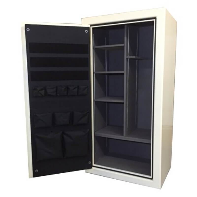 Sun Welding C64 Cavalry Gun Safe in Gloss Ivory with Doors Fully Opened, Showing Shelving Interior