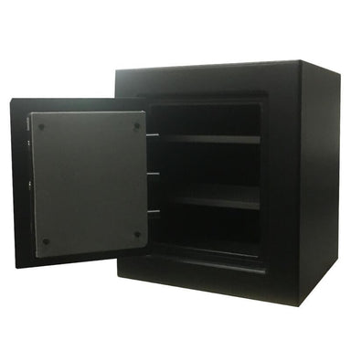 Sun Welding H24 Heirloom Home/Office Fire & Burglary Safe in Matte Gray with Doors Opened Showing Interior Shelving.