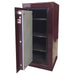 Sun Welding H48 Heirloom Home/Office Fire & Burglary Safe in Gloss Burgundy with Doors Opened Showing Thick Door Bolts and Interior Shelving
