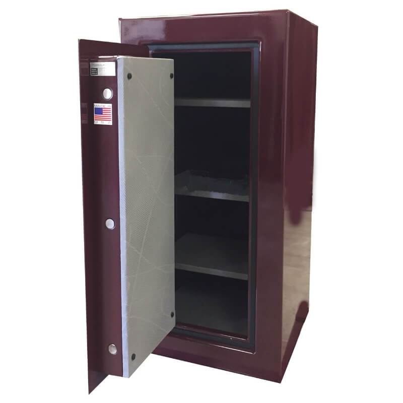 Sun Welding H48 Heirloom Home/Office Fire & Burglary Safe in Gloss Burgundy with Doors Opened Showing Thick Door Bolts and Interior Shelving