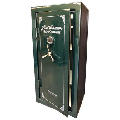 Sun Welding P34 Pony Express Series Fireproof Gun Safe in Gloss Green with Doors Slightly Opened.