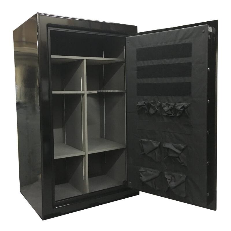 Sun Welding P36 Pony Express Series Fireproof Gun Safe in Gloss Black with Doors Opened, Revealing Interior Shelving