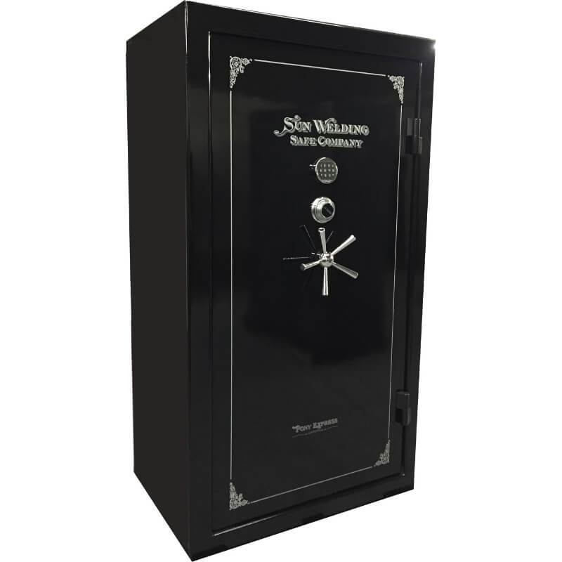 Sun Welding P4028T Pony Express Series Fireproof Gun Safe in Gloss Black with Doors Closed.