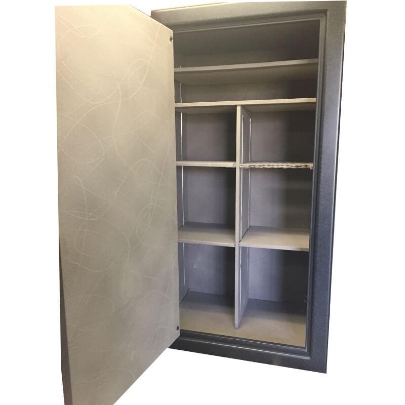 Sun Welding P4028T Pony Express Series Fireproof Gun Safe in Matte Gray with Doors Opened, Revealing Interior Shelving
