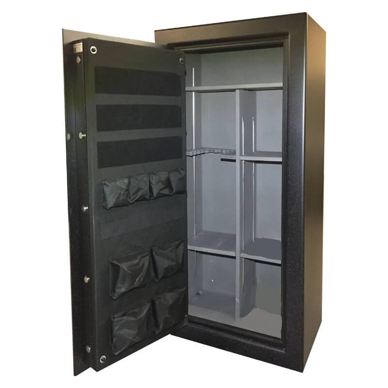 Sun Welding RS30 Renegade Series Fireproof Gun Safe in Matte Gray with Doors Opened Showing Interior Shelving and Pocket Door Organizer