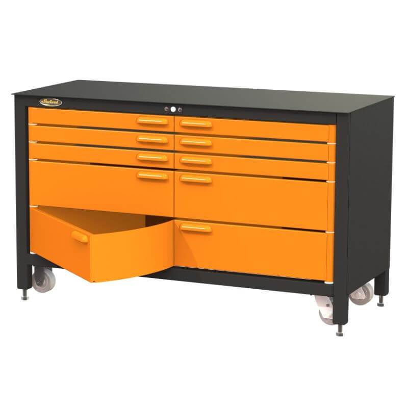 Swivel Storage Solutions MAX 60 Series 60-inch 10 Drawer Rolling Cabinet Front Right View with Bottom Drawer Opened