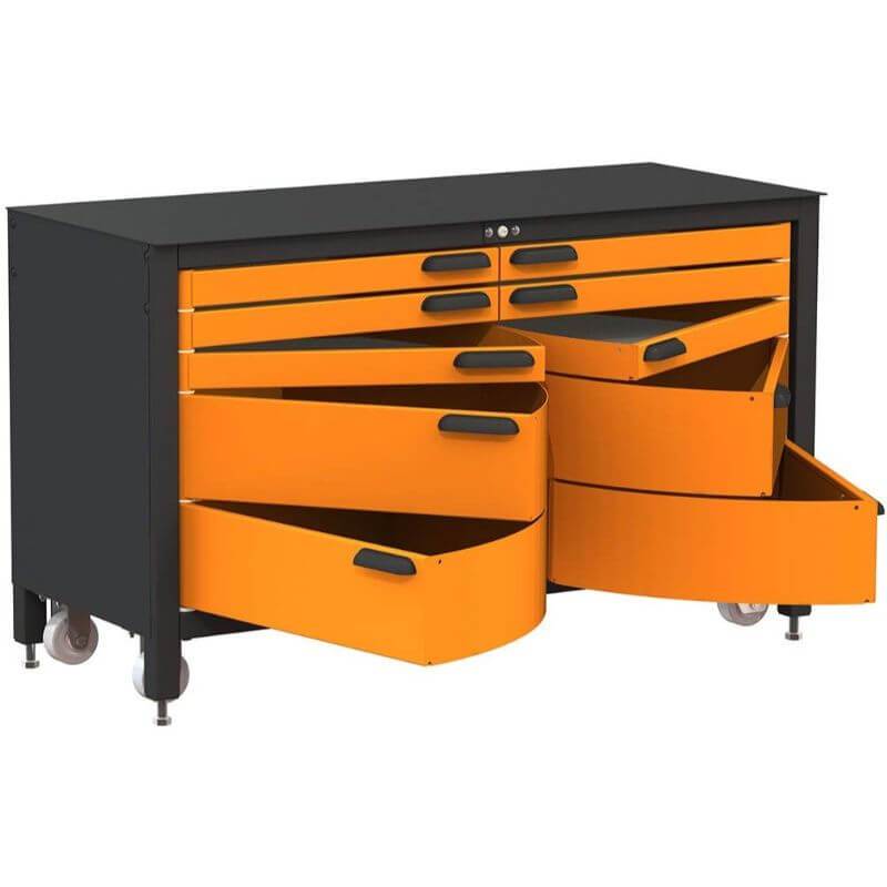 Swivel Storage Solutions MAX 60 Series 60-inch 10 Drawer Rolling Cabinet Front Left View with All the Drawers Opened