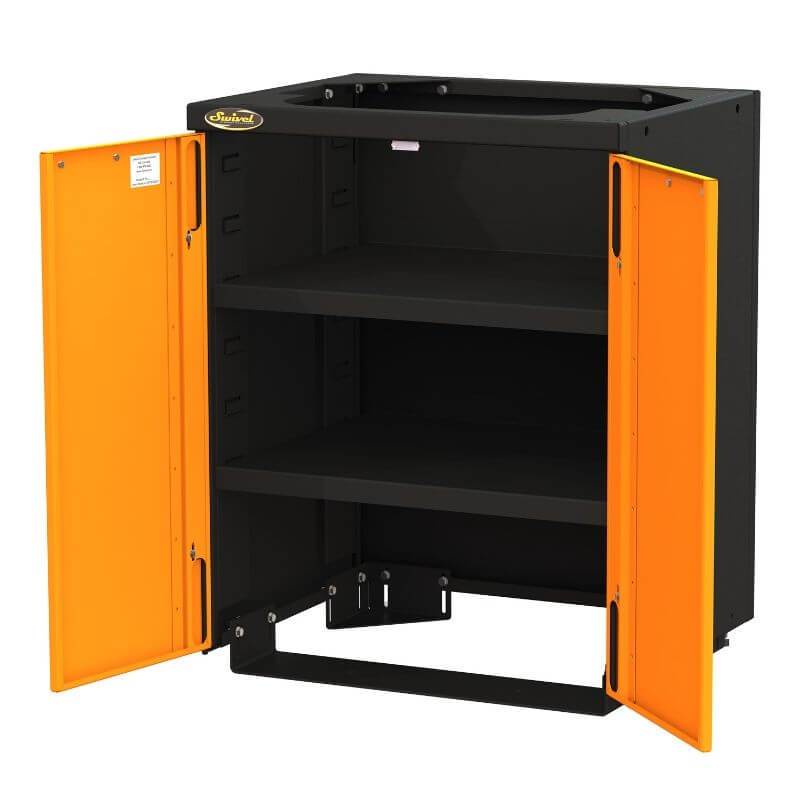 Swivel Storage Solutions PRO 80 Modular Series 30" Wide Cabinet with 2 Adjustable Shelves & Mounting Brackets (End Run Use Only) Front Right View with Cabinets Opened Showing Two Shelves
