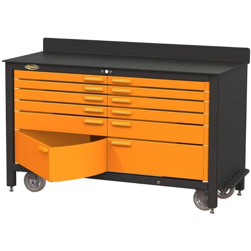 Swivel Storage Solutions PRO 60 Series 12 Drawer Rolling Workbench Front View with Bottom Drawer Opened