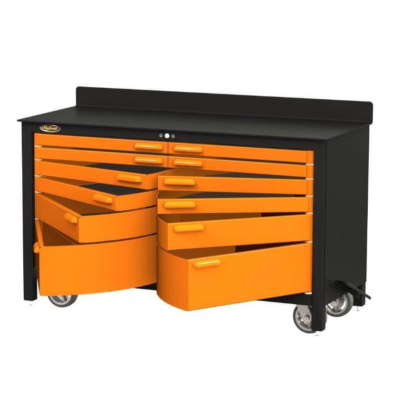Swivel Storage Solutions PRO 60 Series 12 Drawer Rolling Workbench Front View with All the Drawers Opened