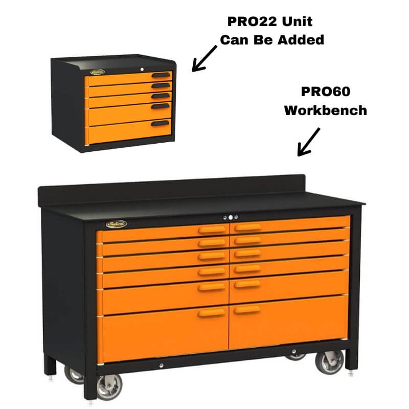 Swivel Storage Solutions PRO 60 Series 12 Drawer Rolling Workbench Paired with Pro 22 Tool Storage Unit Breakdown of Components Labeled