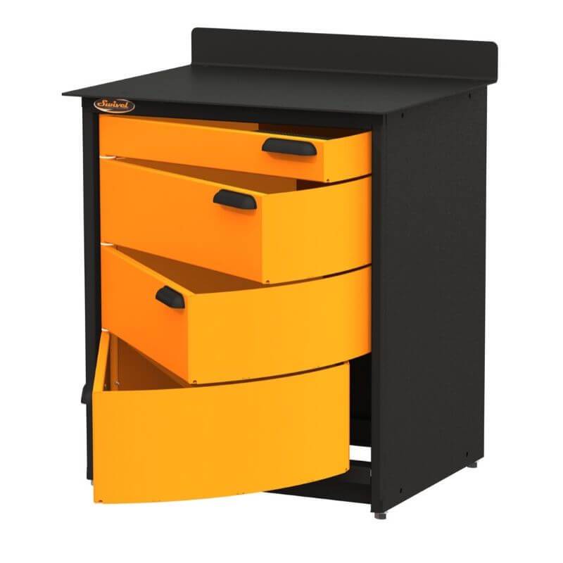Swivel Storage Solutions PRO 80 Modular Series 4-Drawer Stationary Storage Unit From the Front Right View with Drawers Opened