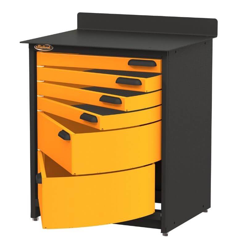 Swivel Storage Solutions PRO 80 Modular Series 6-Drawer Stationary Base Storage Unit From the Front Right View with Drawers Opened
