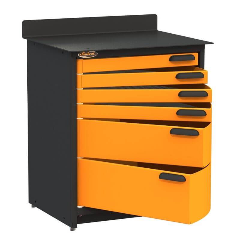 Swivel Storage Solutions PRO 80 Modular Series 6-Drawer Stationary Base Storage Unit From the Front Left View with Drawers Opened