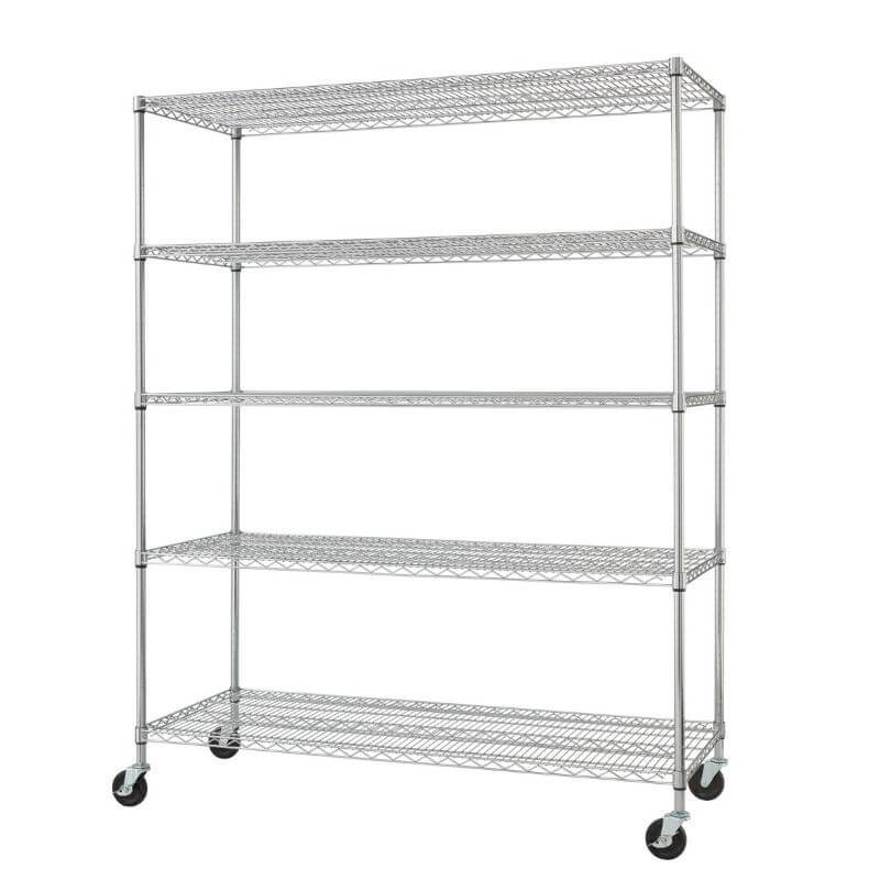 Trinity TBF-0931 (60x24x72) Basics 5-Tier Chrome Wire Shelving w/ Wheels shown with empty shelves and view from the front right.
