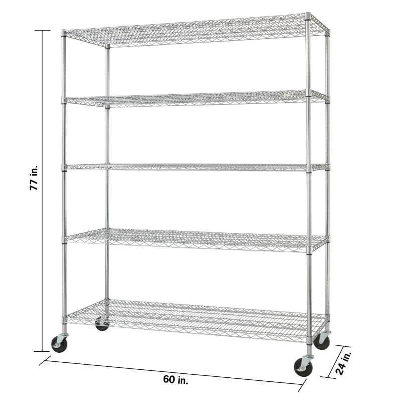 Trinity TBF-0931 (60x24x72) Basics 5-Tier Chrome Wire Shelving w/ Wheels shown with empty shelves and view from the front right with overview of height, width and depth dimensions