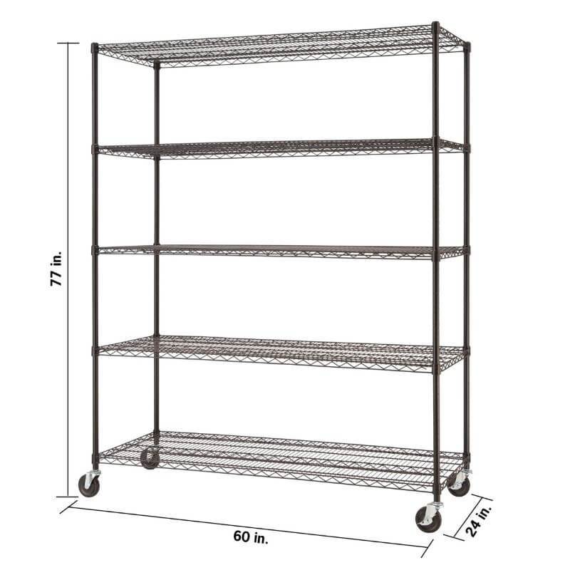Trinity TBF-0931 (60x24x72) Basics 5-Tier Black Anthracite Wire Shelving w/ Wheels shown with empty shelves and view from the front right with overview of height, width and depth dimensions.