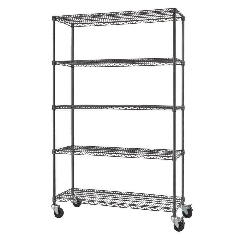 Trinity TBFPBA-0924 (48x18x72) PRO 5-Tier Wire Shelving w/ Wheels in Black Anthracite Color. Shown with empty shelves and view from the front right.