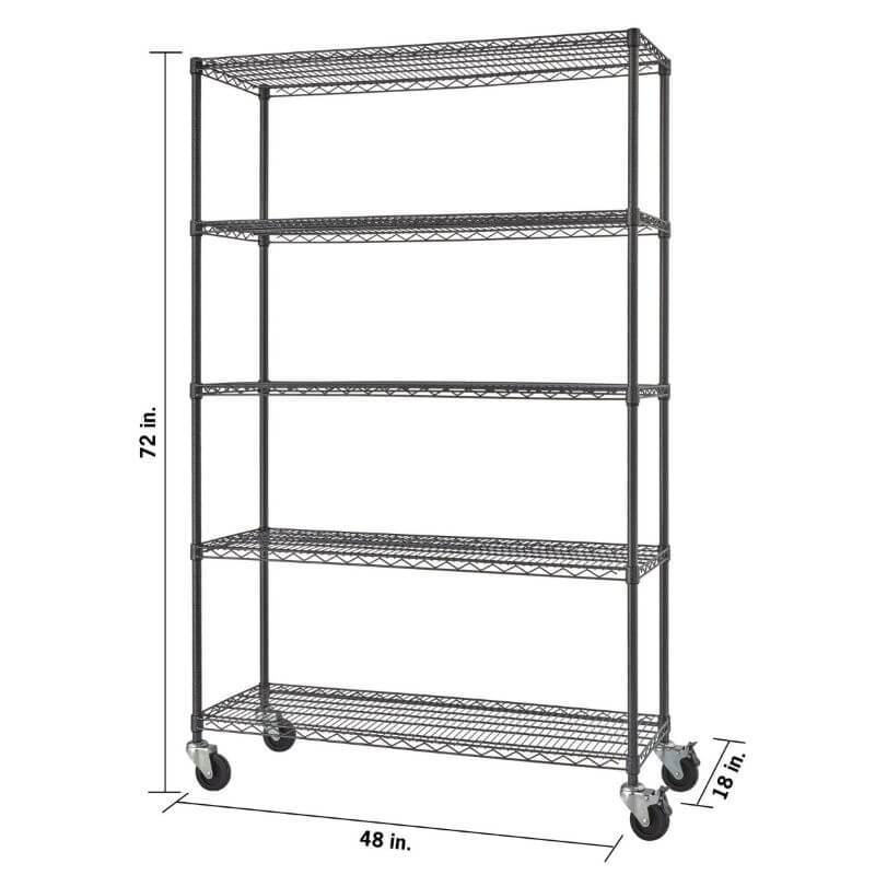 Trinity TBFPBA-0924 (48x18x72) PRO 5-Tier Wire Shelving w/ Wheels in Black Anthracite Color. Shown with empty shelves and view from the front right with verview of height, width and depth dimensions.