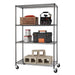 Trinity TBFPBA-0925 (48x24x72) PRO 4-Tier Wire Shelving w/ Wheels in Black Anthracite Color. Shown with common garage, tools and contruction equipment. View from the front right.