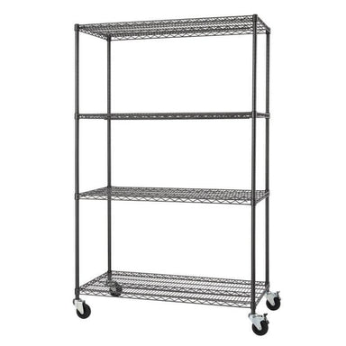 Trinity TBFPBA-0925 (48x24x72) PRO 4-Tier Wire Shelving w/ Wheels in Black Anthracite Color. Shown with shelves empty and viewed from the front right.