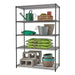 Trinity TBFPBA-0926 (48x24x72) PRO 5-Tier Wire Shelving in Black Anthracite Color with common gardening supplies and equipment. Viewed from front right.