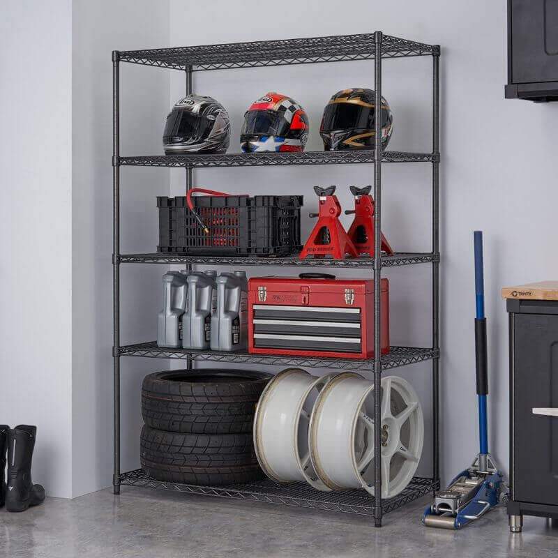 Trinity TBFPBA-0926 (48x24x72) PRO 5-Tier Wire Shelving in Black Anthracite Color with Common Garage & Automotive Supplies. Viewed from front right.