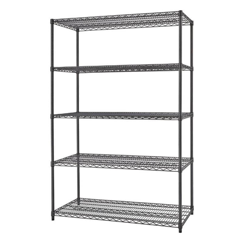 Trinity TBFPBA-0926 (48x24x72) PRO 5-Tier Wire Shelving in Black Anthracite Color Shown Empty and Viewed from front right.