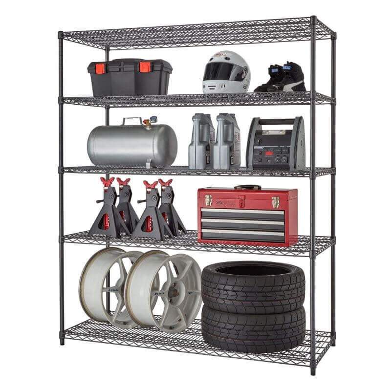 Trinity TBFPBA-0928 (60x24x72) PRO 5-Tier Wire Shelving in Black Anthracite Color Shown with Common Garage & Automotive Supplies viewed from the Front Right.