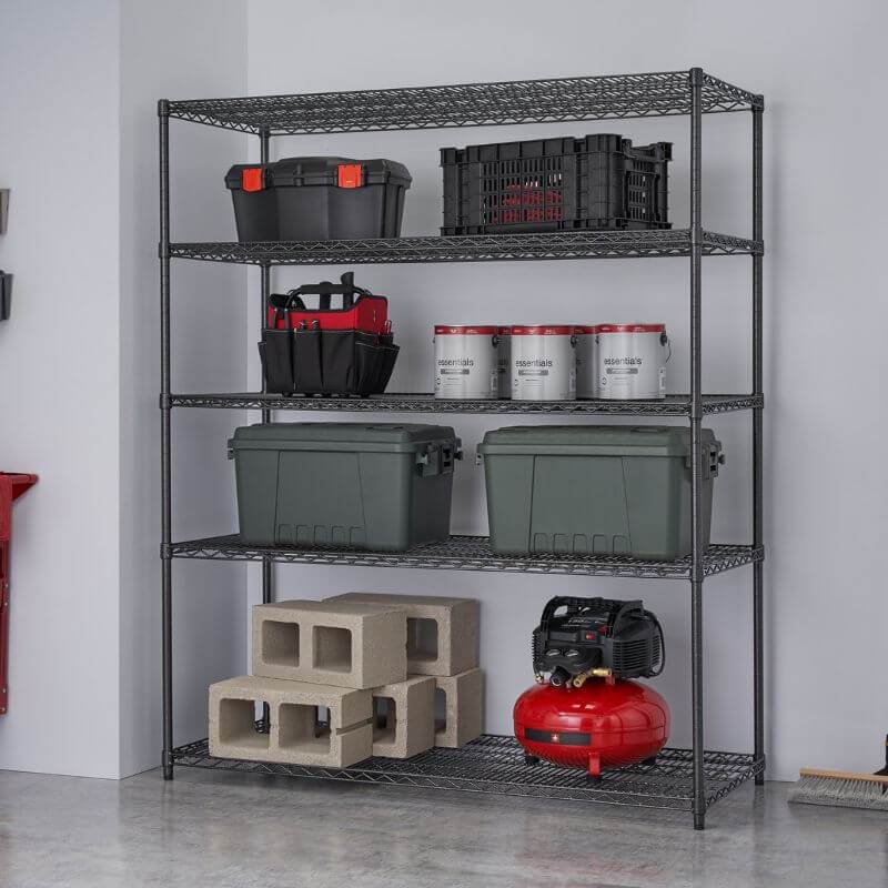 Trinity TBFPBA-0928 (60x24x72) PRO 5-Tier Wire Shelving in Black Anthracite Color Shown with Some Building and Construction Supplies viewed from the Front Right.