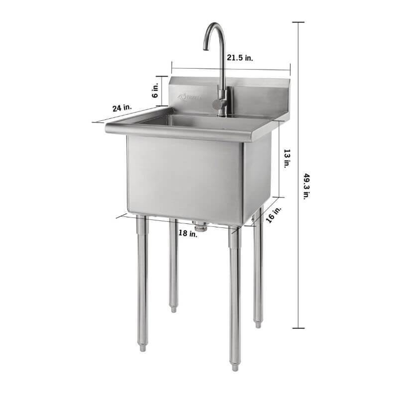 Trinity THA-0303 Stainless Steel Utility Sink w/ Faucet shown from the front right view with overview of height, width and depth of each component