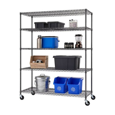 Trinity TIJPBA-0904 (60x24x72) 5-Tier Wire Shelving w/ Wheels in Black Anthracite Color Shown with Common Household Cleaning Supplies and Equipment. Viewed from the front right.
