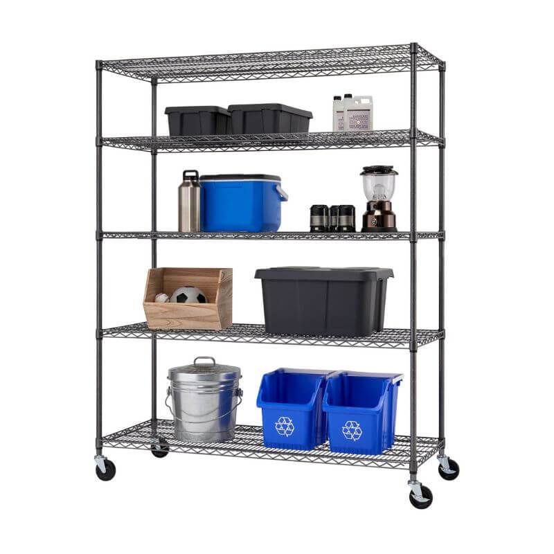 Trinity TIJPBA-0904 (60x24x72) 5-Tier Wire Shelving w/ Wheels in Black Anthracite Color Shown with Common Household Cleaning Supplies and Equipment. Viewed from the front right.