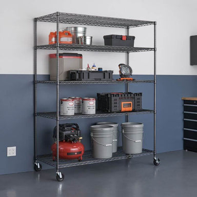 Trinity TIJPBA-0904 (60x24x72) 5-Tier Wire Shelving w/ Wheels in Black Anthracite Color Shown with Common Garage and Automotive Supplies and Equipment. Viewed from the front right.