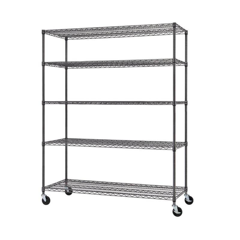 Trinity TIJPBA-0904 (60x24x72) 5-Tier Wire Shelving w/ Wheels in Black Anthracite Color Shown Empty and Viewed from the front right.