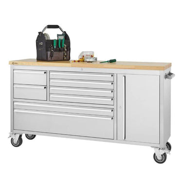 Trinity TLS-4813 (66x19) Stainless Steel Rolling Workbench with Worktop Being Used. Viewed from the Front Right.